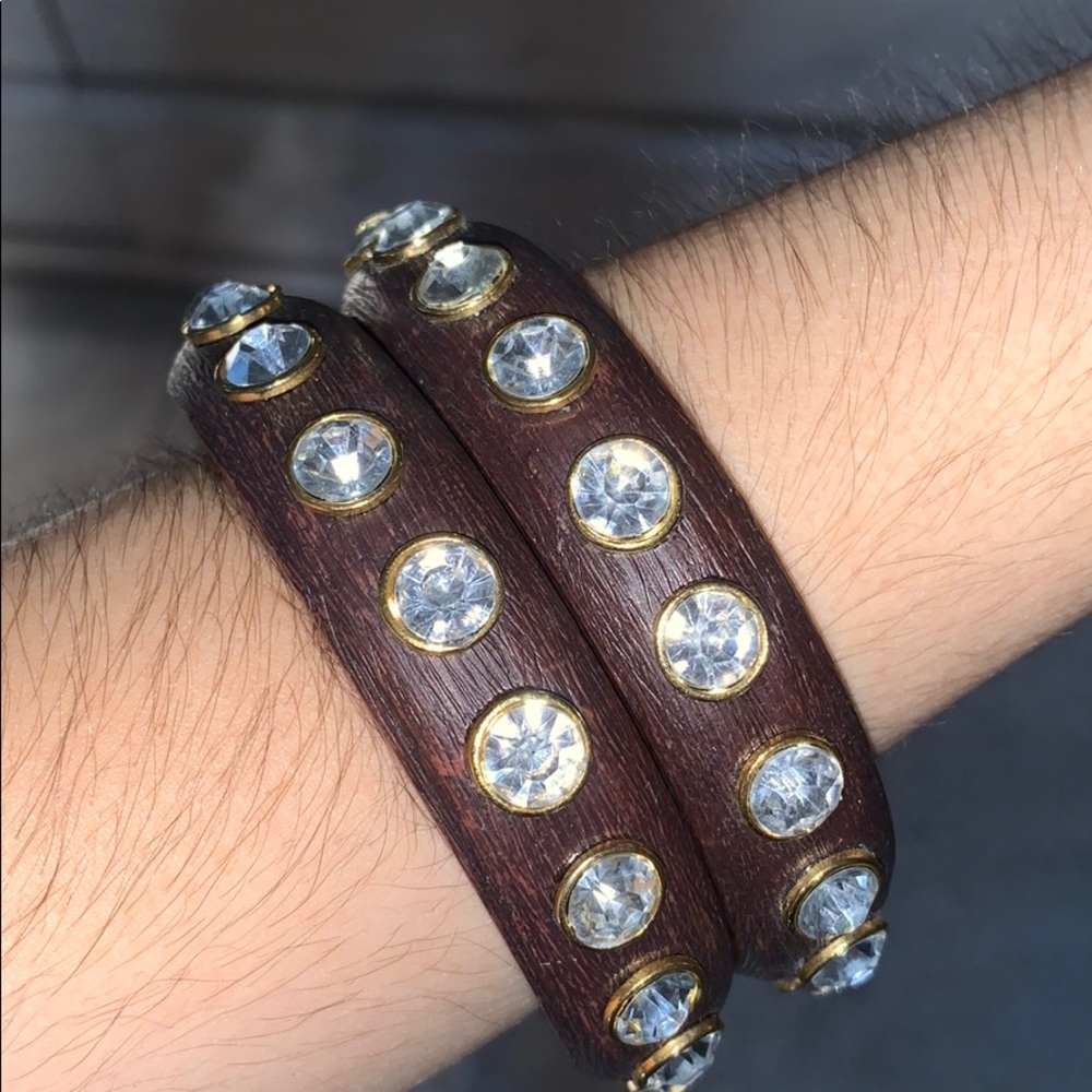 EUC Betsey Johnson Wooden Rhinestone Bracelets (2)